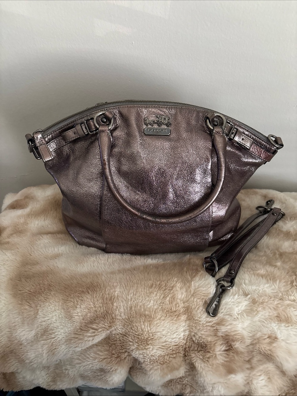 Coach Metallic Madison Sophia in pewter Leather Shoulder Satchel handbag purse